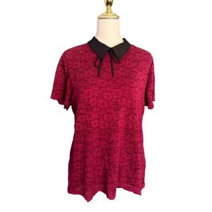 Karl Lagerfeld Paris Womens Red Lace Peter Pan Collar Top Size Large Berry Tie
